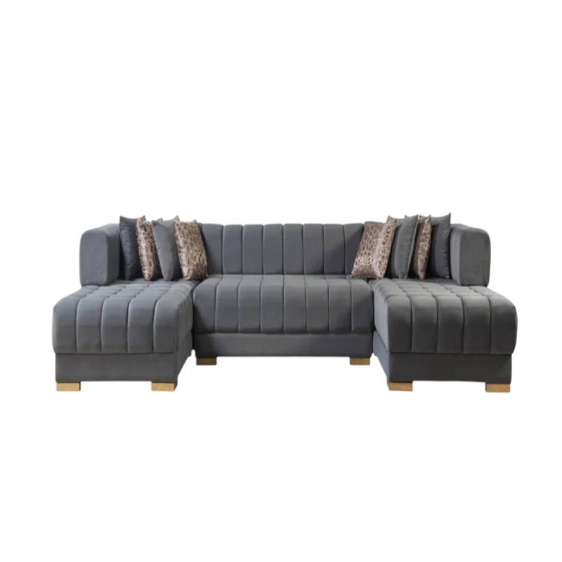 HomeRoots Gray Velvet U Shaped Three Piece Sofa and Chaise Sectional With Toss Pillows