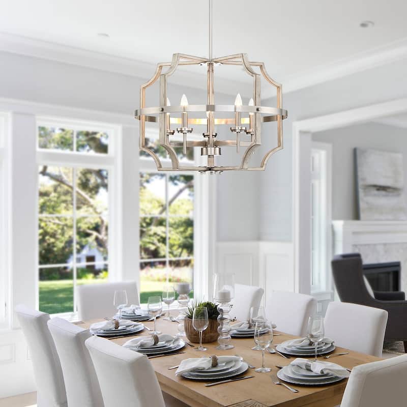 Richwood 5-Light Brushed Nickel/White-Washed Wood Tone Modern Farmhouse Chandelier - 65.5'' H Max