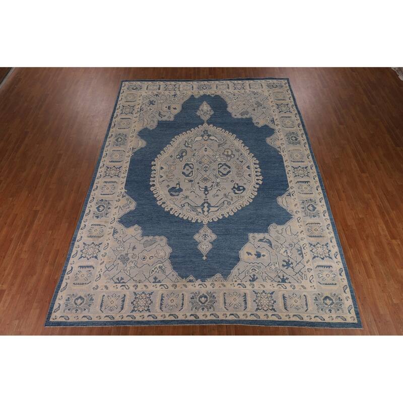 Blue Geometric Oushak Large Rug Hand-Knotted Wool Carpet - 9'10"x 13'10"