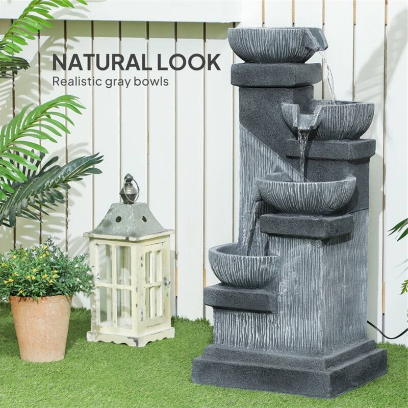 Four-Tier LED Water Fountain Gray Resin Outdoor Patio Garden Backyard with Pump and Cascading Bowls - Grey