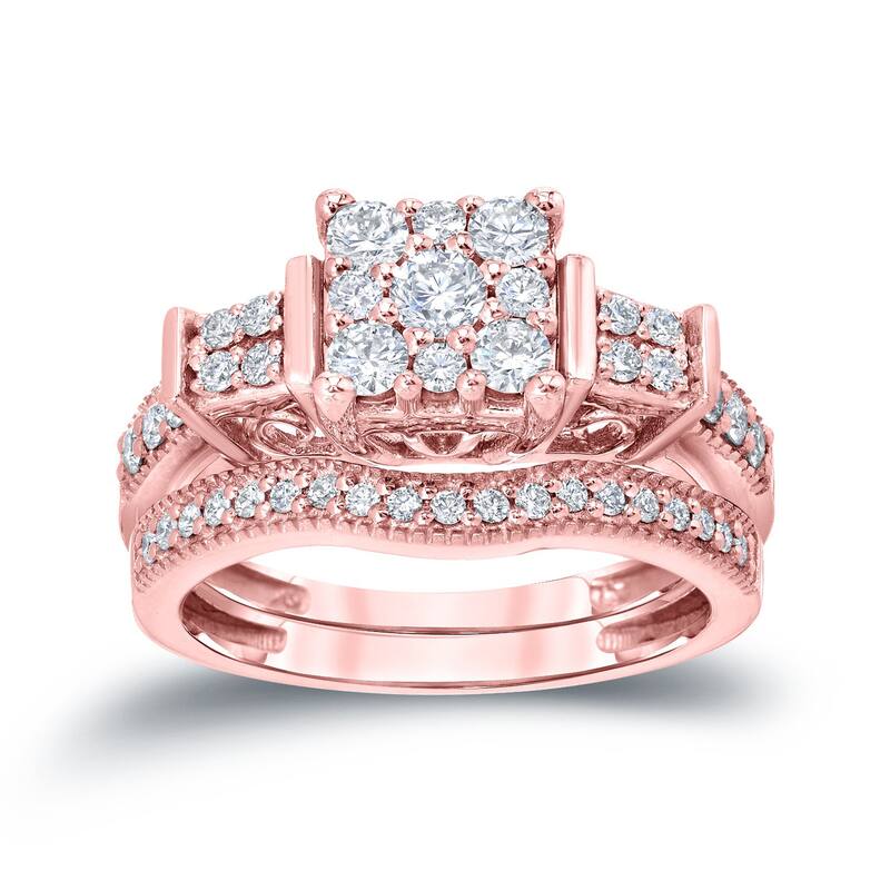 Auriya 14k Gold 3/4ctw Ornate 3-Stone Halo Diamond Engagement Ring Set - Rose - 4