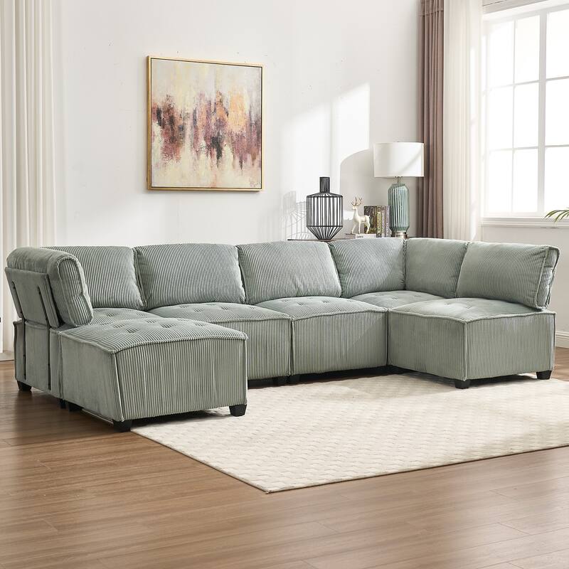 U-Shaped Corduroy Upholstered 6-Seat Convertible Modular Sectional Sofa Fit for Living Room - Mint Green