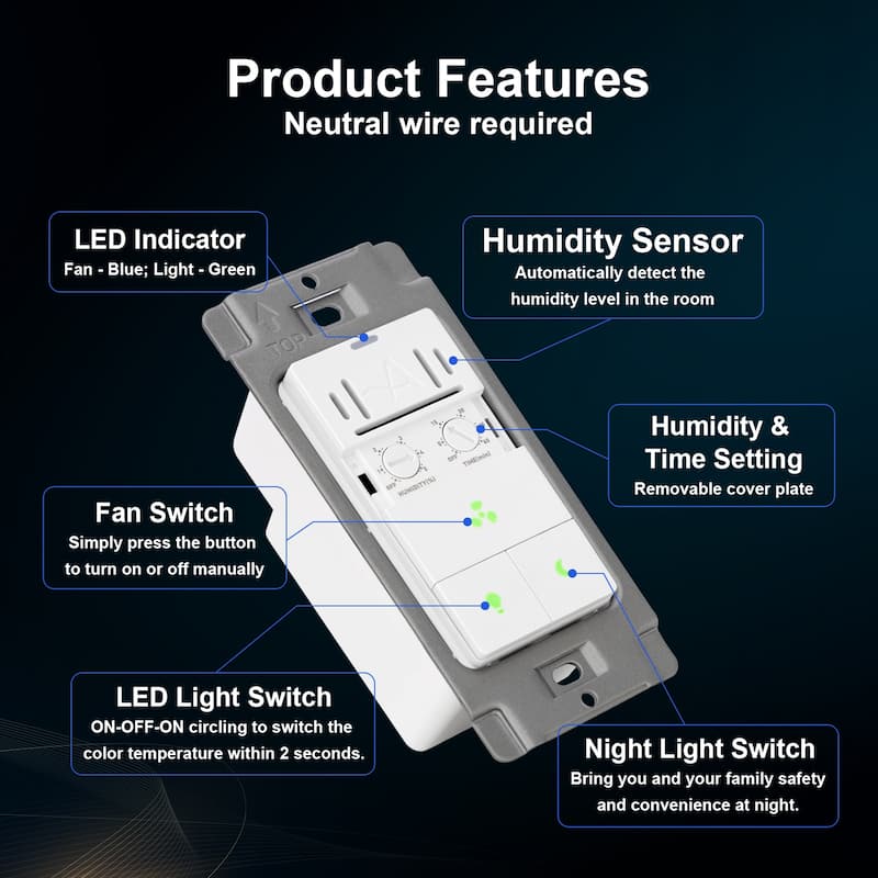 Single Pole Dimmer Switch for Led Light and Bathroom Fan