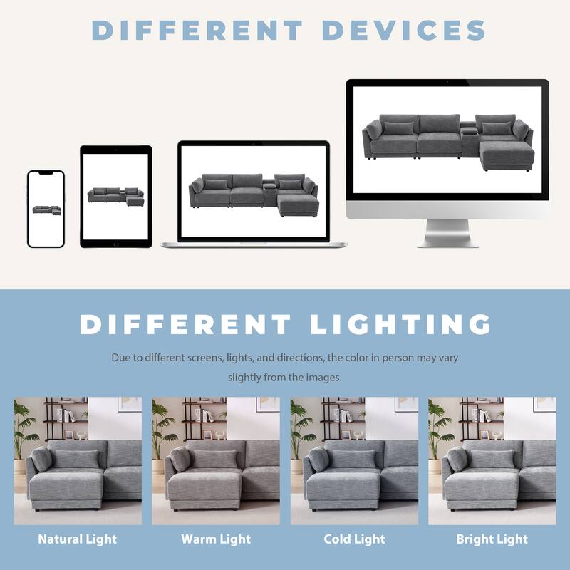 Roomfitters 124'' L-Shaped Sectional Sofa with Storage Console, Charging Station, Modular Couch with Ottoman, Chenille