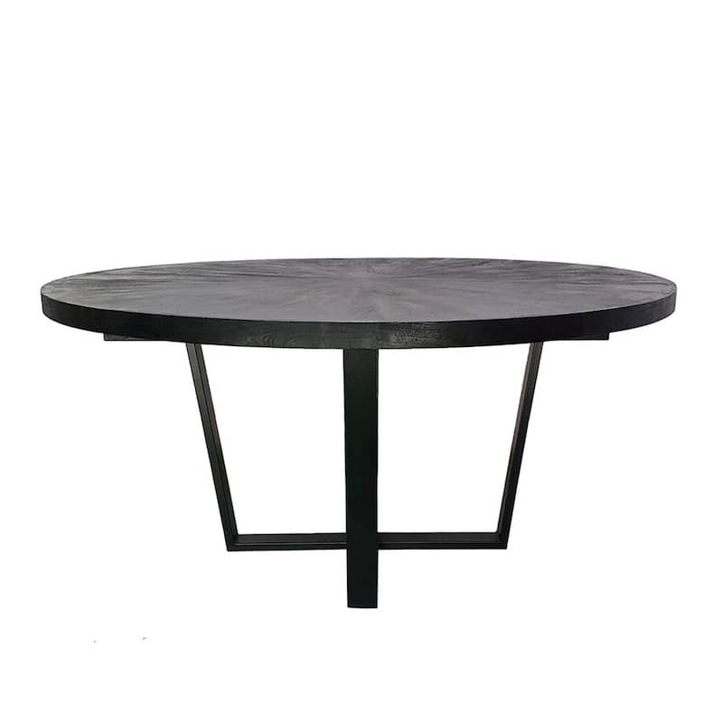 Raj 63 Inch Round Dining Table, Cross Legs Design, Black Acacia Wood, Iron