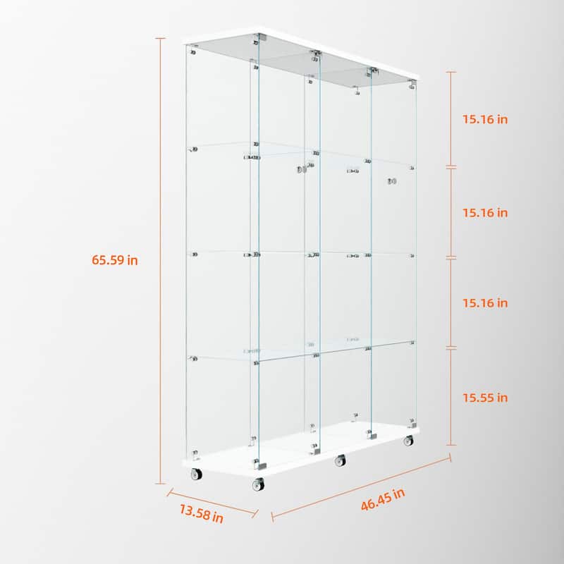 65" Tempered Glass Display Cabinet with Bluetooth LED Lights, Lockable Doors, Casters, 5-Shelf Storage Showcase