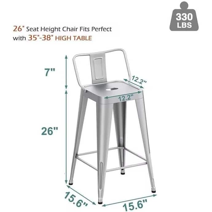 Metal Counter & Bar Stools Set of 4, 26" and 30" Seat Height Barstools with Metal Frame and Low Back for Kitchen lsland