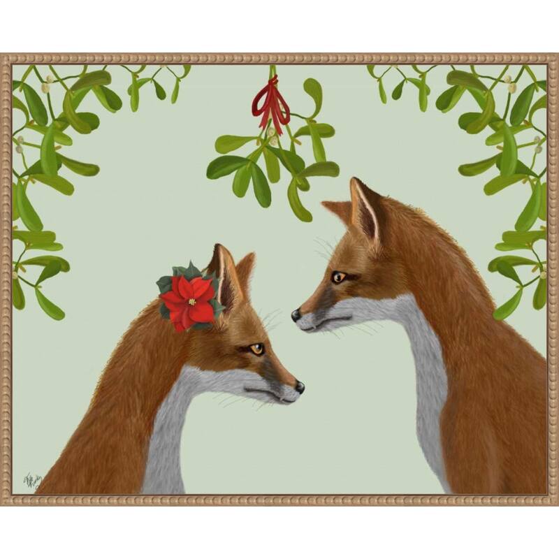Foxes and Mistletoe by Fab Funky (28 x 23 in.), Framed Canvas Wall Art Print - Sylvie Beaded Rustic Natural