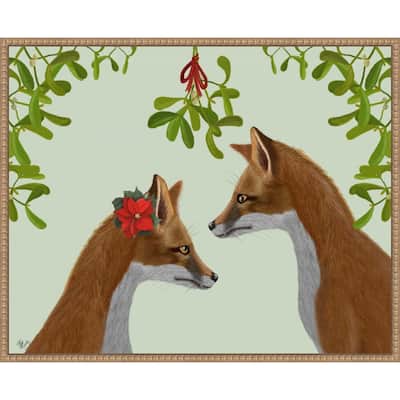 Foxes and Mistletoe by Fab Funky (28 x 23 in.), Framed Canvas Wall Art Print - Sylvie Beaded Rustic Natural