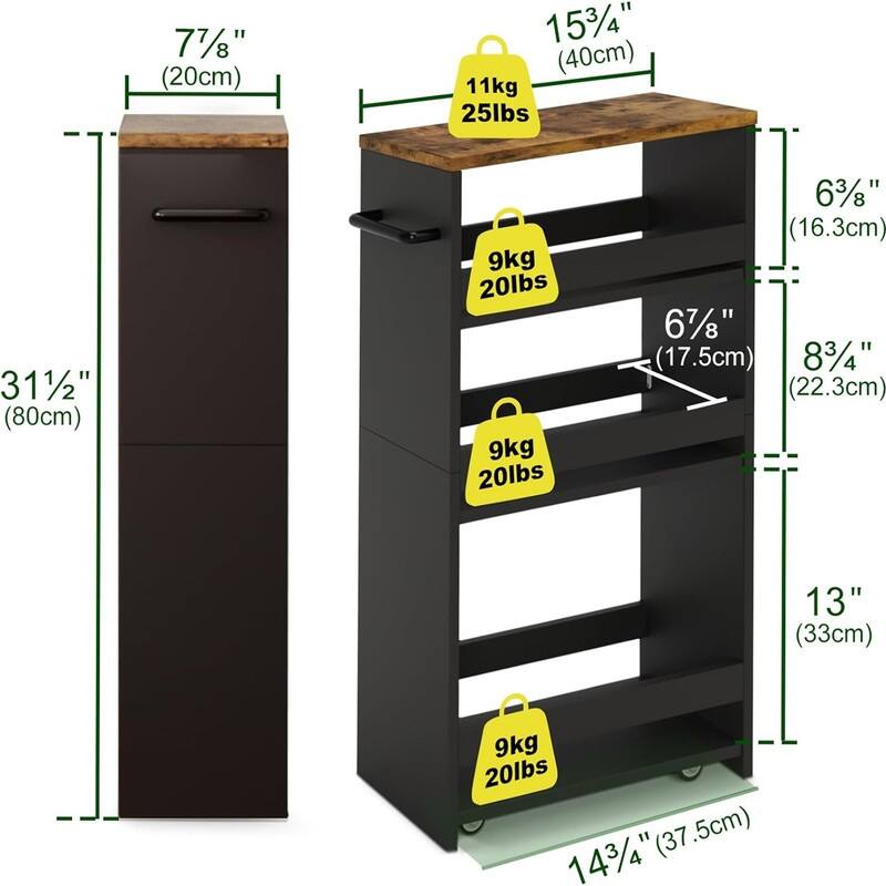4 Tier Slim Storage Cart with Handle - 15.7"D x 7.9"W x 31.5"H