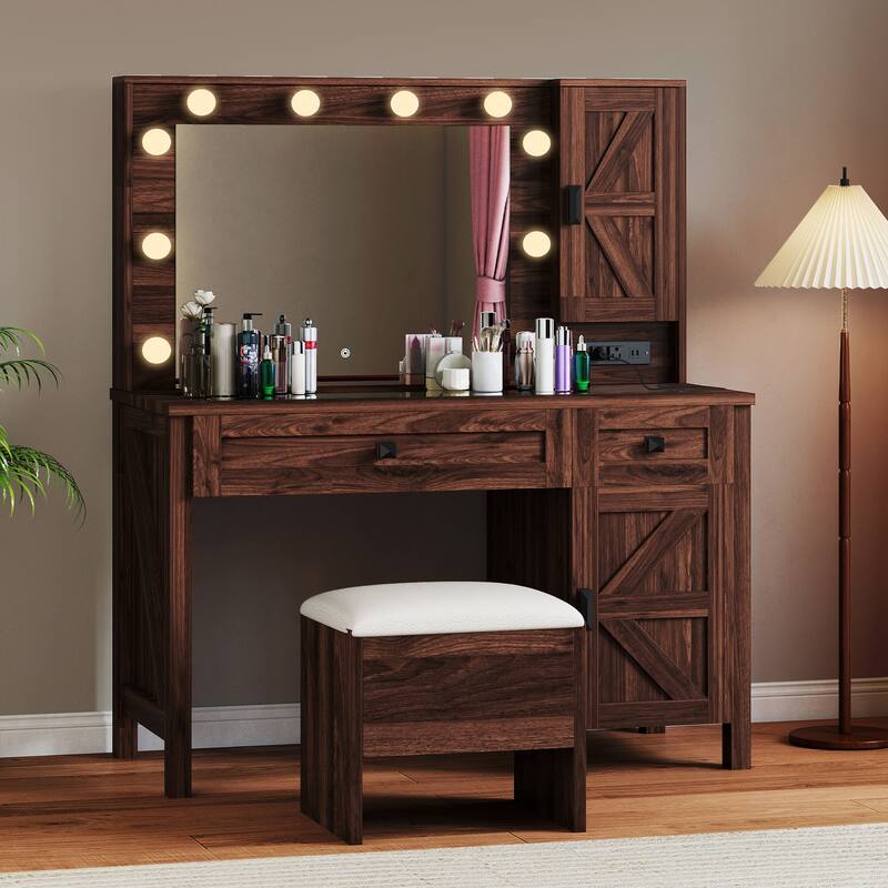 Moasis Farmhouse Makeup Vanity Desk Set with Mirror and Lights, Charging Station and Storage Stool - Brown
