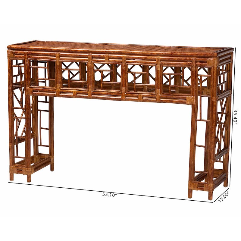 Wahid Marbled Tortoise Natural Rattan Console Table - Handcrafted Wicker Accent Table with Coastal Boho Style
