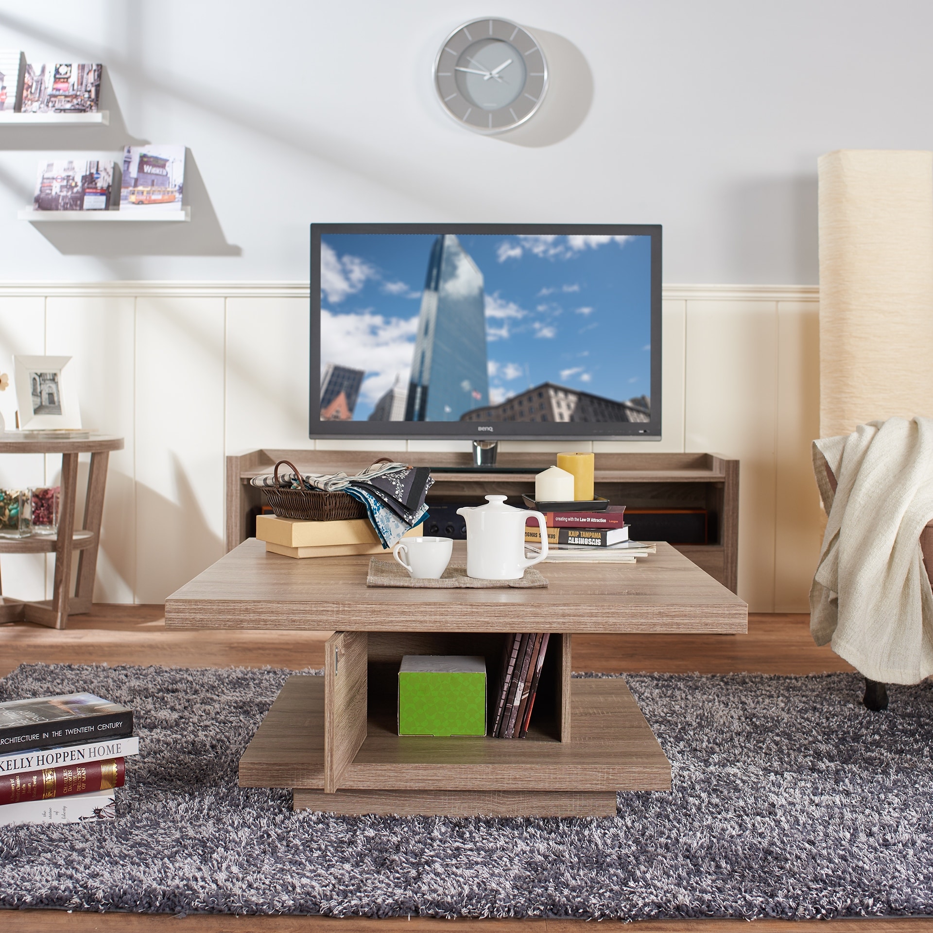 Ross Modern Square Coffee Table with Wrap Around Base Shelf and