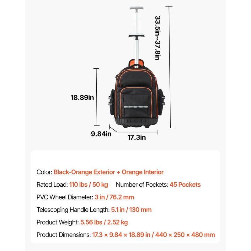 Rolling Tool Backpack with 45 Pockets and Wheels for Tools Storage - 17.3 x 9.84 x 18.89 in