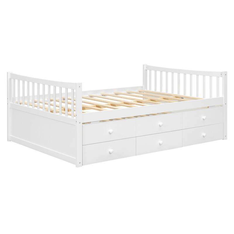 Full Size White Daybed with Twin Trundle and Drawers for Extra Sleeping Space