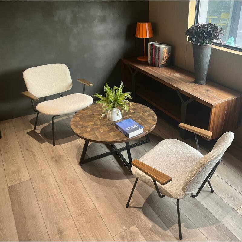 Round Coffee Table with Wood Grain and Black Metal, a Stylish and Functional Centerpiece for Your Living Space.