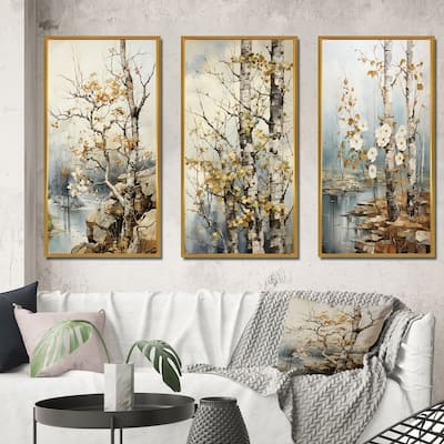Designart "Beige Grey Tree Sycamore Symphony" Floral Framed Wall Art Set Of 3 Frame Canvas Set For Living Room Decor
