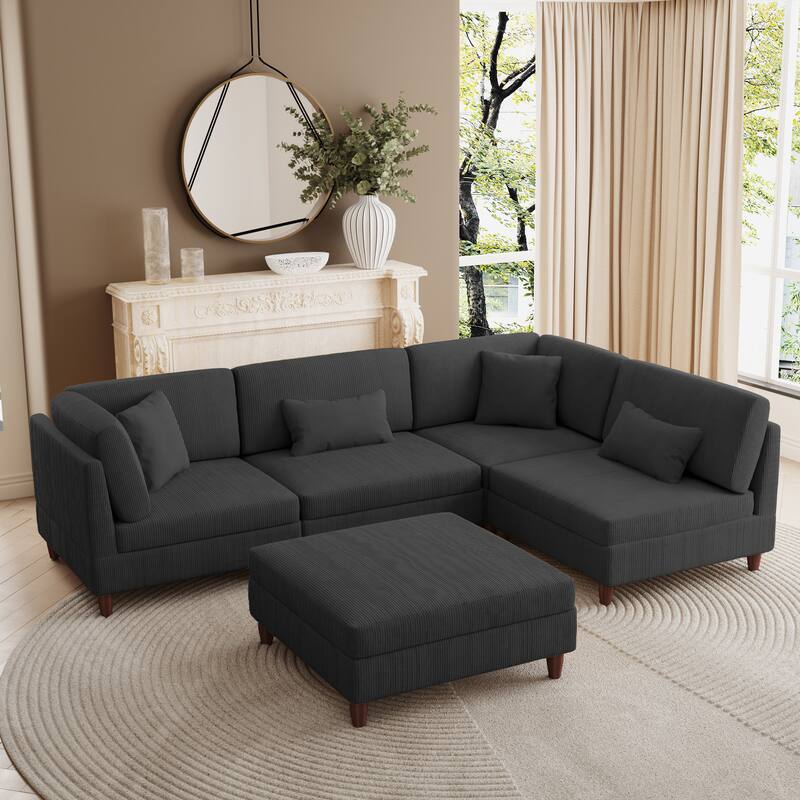 Corduroy Convertible Couch Modular Sectional Sofa with Ottoman - 5-Piece Grey - Reversible