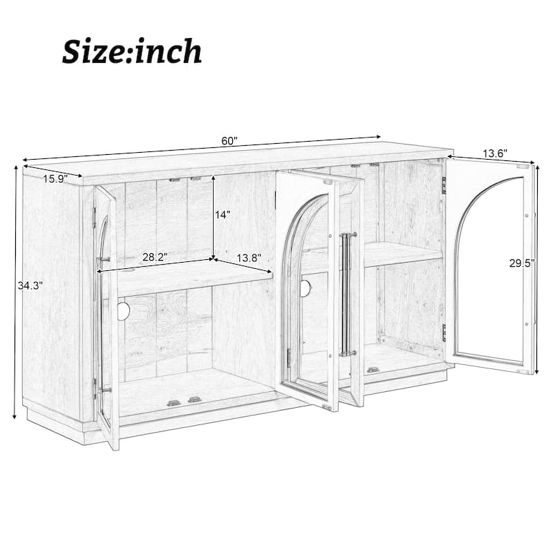 Four-Door Arched Buffet Sideboard with Glass Fronts and Adjustable Shelving, Ideal for Kitchen, Dining, or Living Room Storage.