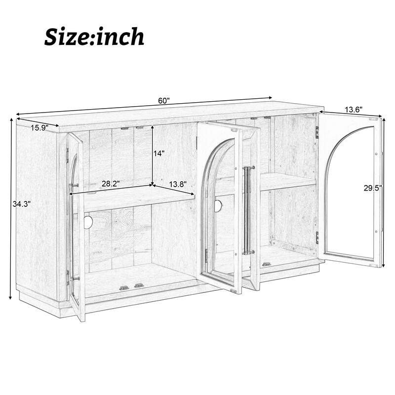 Kitchen Sideboard with Arched Glass Doors and Adjustable Shelves