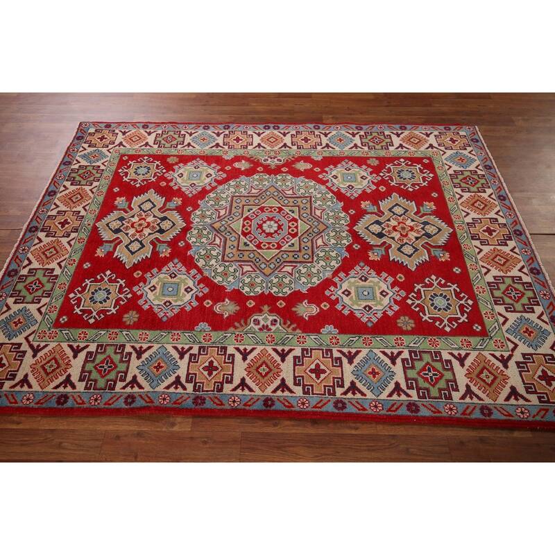 Traditional Red Kazak Area Rug Hand-Knotted Wool Carpet - 5'0" x 6'9"