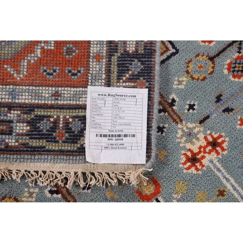 Light Blue Geometric Kazak Rug Hand-Knotted Wool Carpet - 3'0" X 5'2"