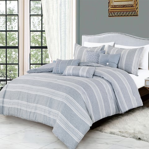 Wellco Bedding Comforter Set Bed In A Bag - 7 Piece Striped Luxury Bedding Sets - Oversized, Grey