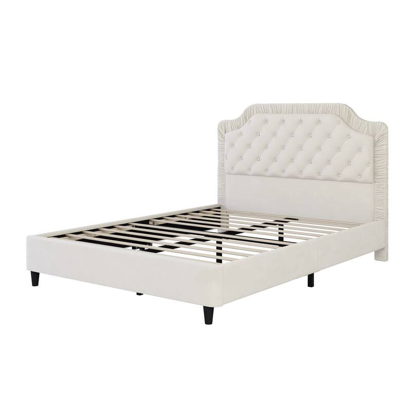 Luxurious Velvet Platform Bed Frame with Tufted & Pleated Headboard, Sturdy Wood Base - Full, Queen, King