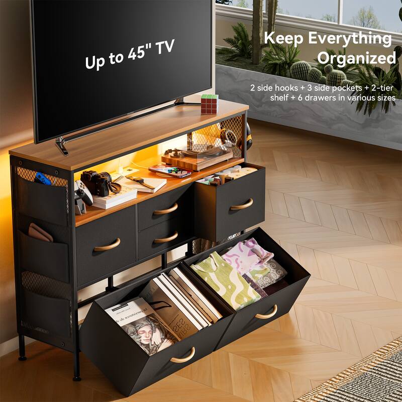 Dresser for Bedroom TV Stand with Power Outlets and LED Light, 6 Dresser with Shelves for 45" TV, PU Finish