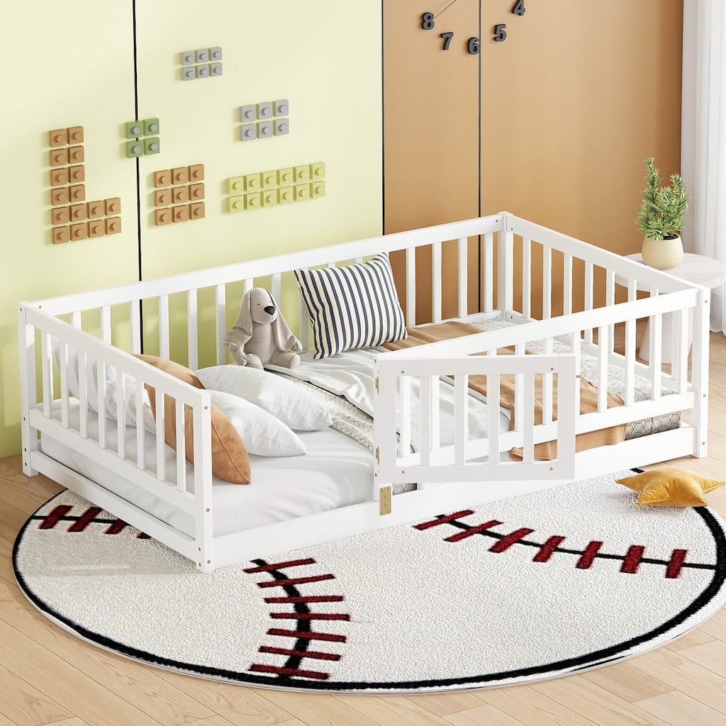 Twin Size Montessori Floor Bed with Fence & Door, Wooden Low Profile Kids Bed with Slats, White