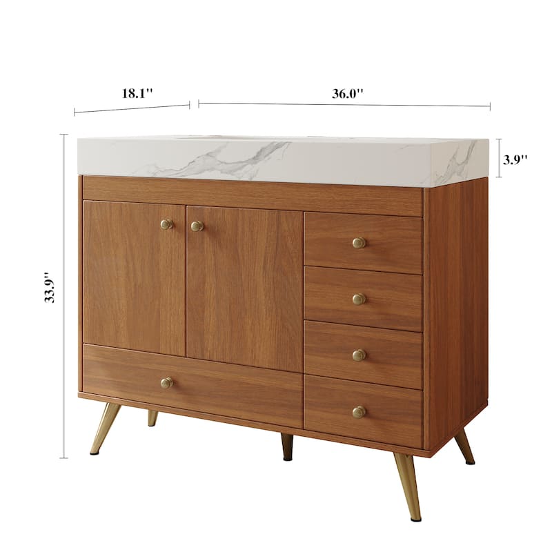 36" Bathroom Vanity with Faux Marble Top & Ceramic Sink, 5-Drawer Storage Cabinet with Stainless Steel Legs