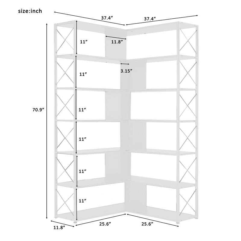 7-Tier Bookcase Home Office Bookshelf, L-Shaped Corner Bookcase with Metal Frame