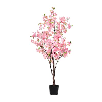 4.5ft Pink Artificial Cherry Blossom Flower Tree Plant in Black Pot - 54" H x 26" W x 26" DP