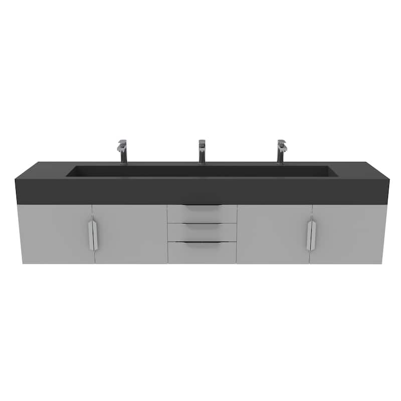 Nile 84-Inch Wall Mounted Bathroom Vanity Set w/ Black Top - Brushed Nickel Finish - Grey