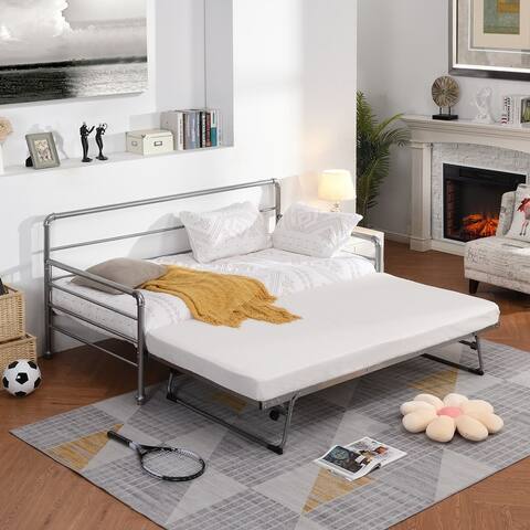 Twin Size Daybed with Adjustable Trundle, Pop Up Trundle, Silver and Black