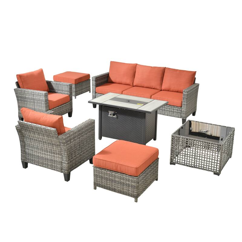 HOOOWOOO 7-piece Patio Furniture Wicker Sofa Conversation Set Fire Pit Table