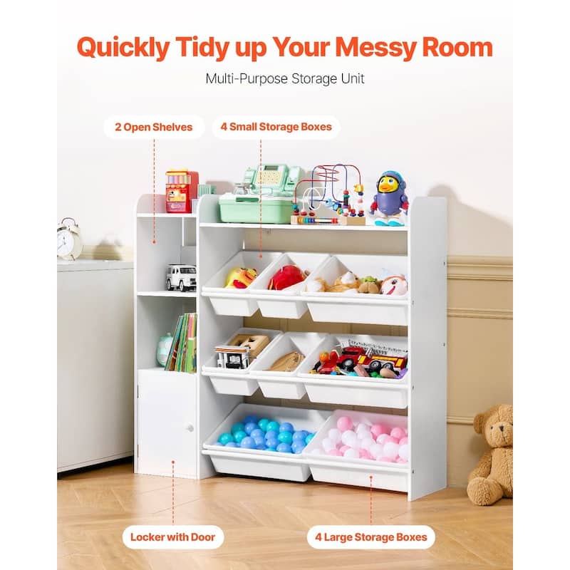 Kids Toy Storage and Bookshelf, 4-Tier Toy Storage Organizer with 8 Flexible Plastic Bins, Kids Cubby Cabinet for Study Room