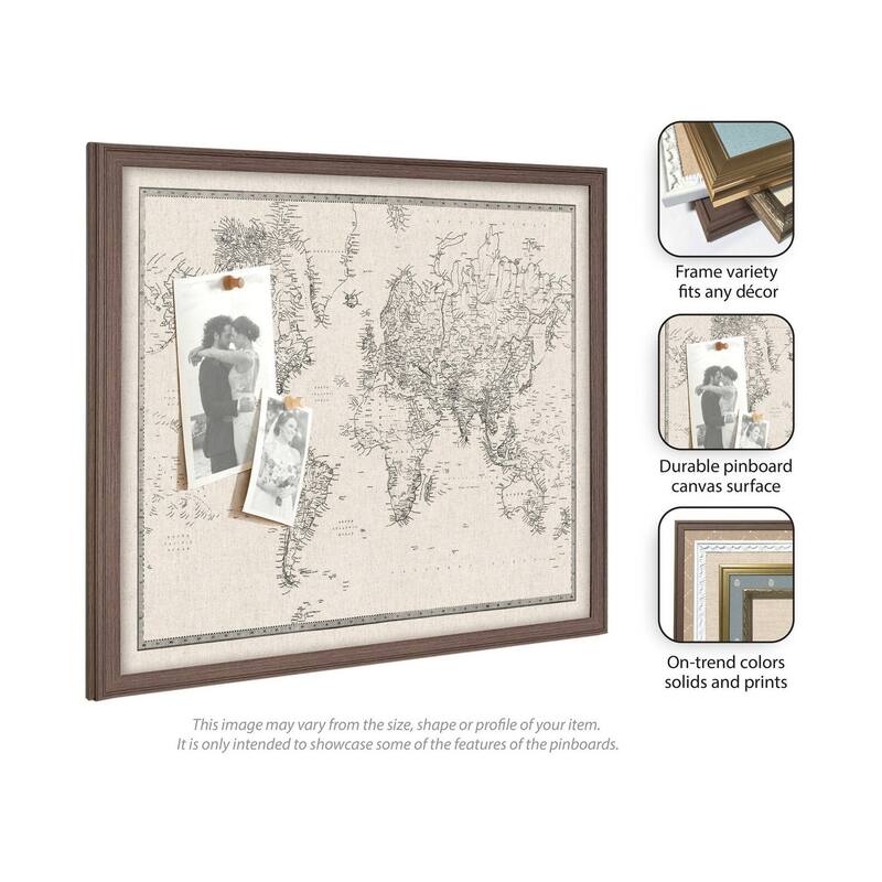 Kate and Laurel Framed Fabric Pinboard Vintage Black and White Linen World Map Wall Organization