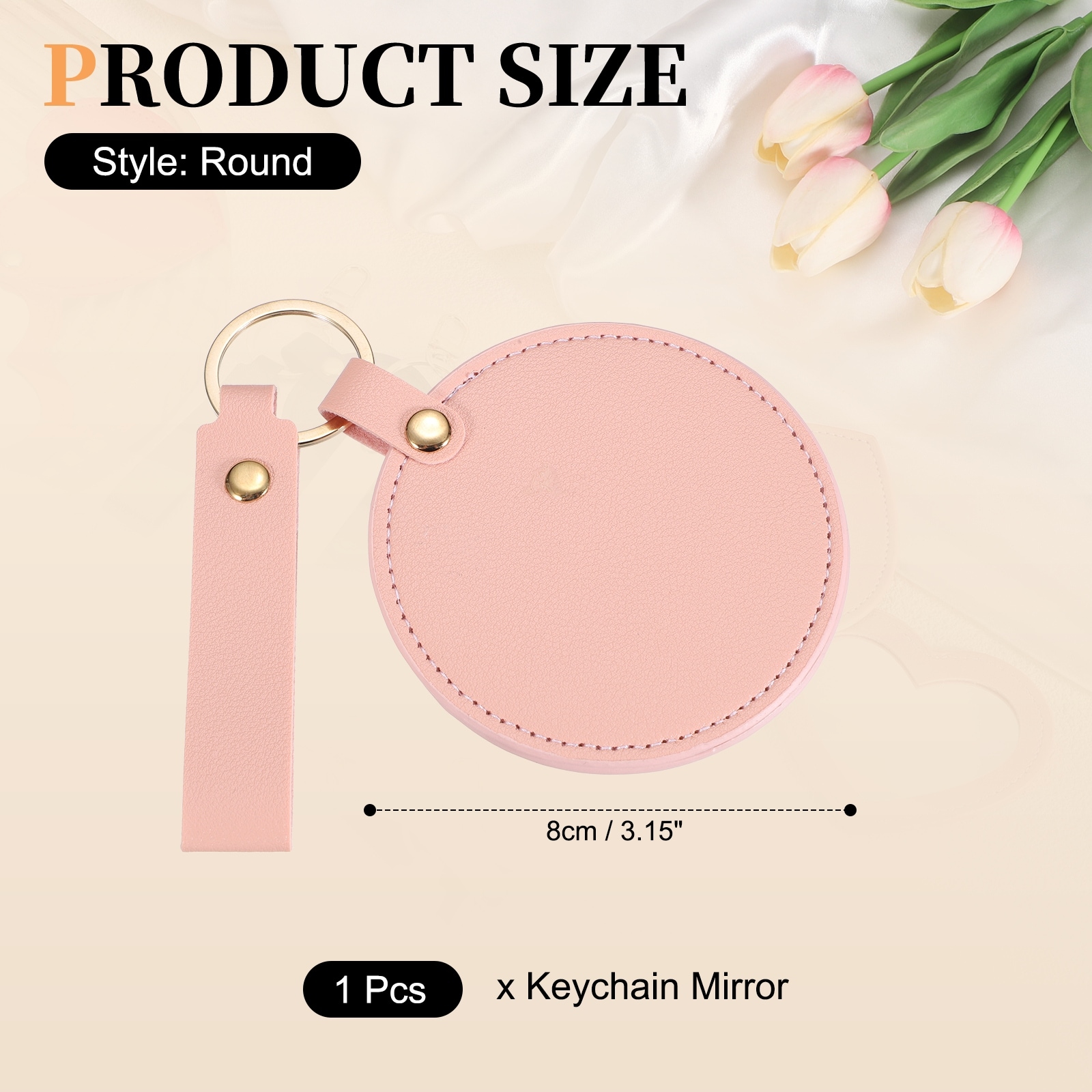 Keychain Mirror, Mini Compact Mirror with PU Leather Cover Pocket Size Round Portable Rotating Folding - Standard