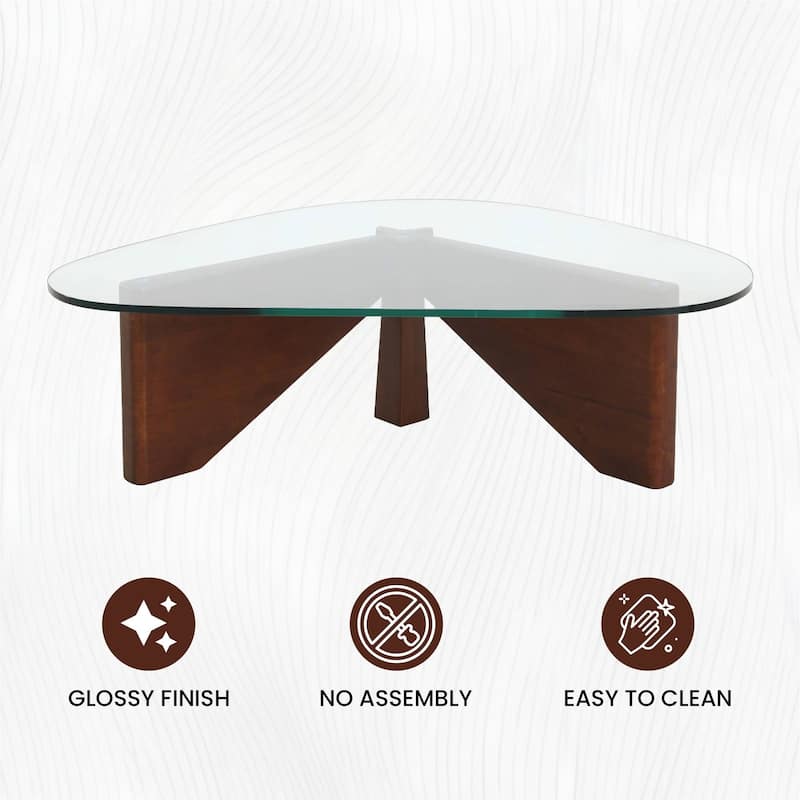 36" Triangular Mid Century Modern Accent Center Coffee Table with Glass Top and Wood Base for Living Room