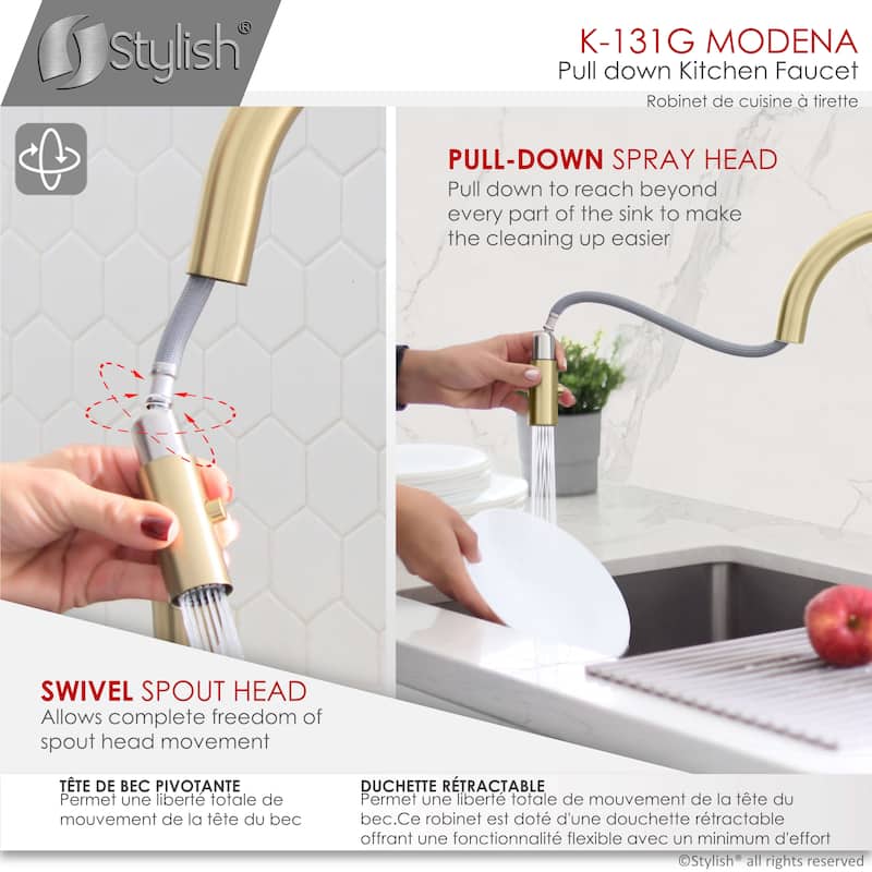 Single Handle Pull Down Kitchen Faucet with Cold Water Tap in Gold
