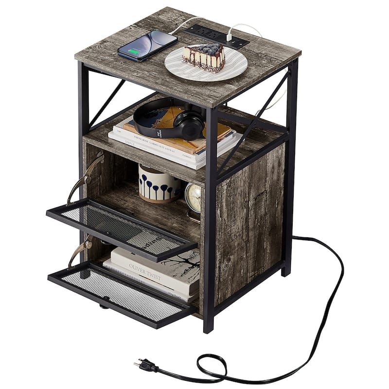 VECELO, Mid-century Modern Nightstand with Charging Station and USB Port