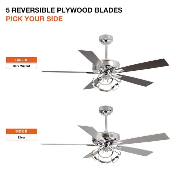 dimension image slide 4 of 5, 52" Modern Chrome/ Black Indoor Ceiling Fan Light with Remote and 5 Resiversible Blades