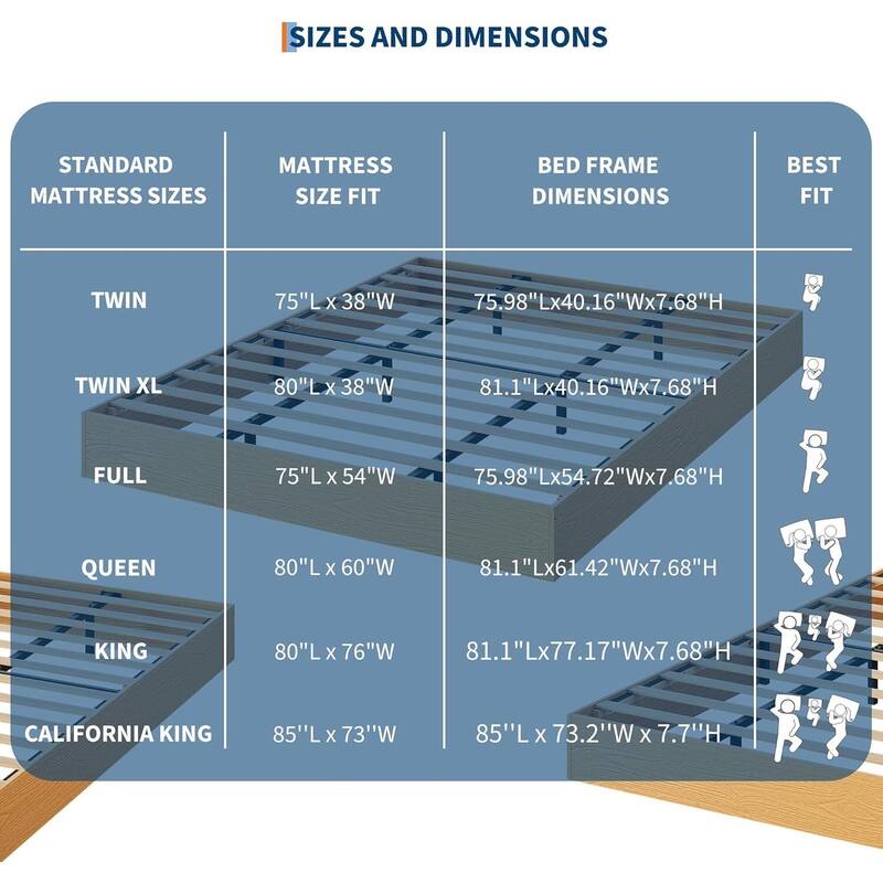 Space-Saving Sturdy Floor-Standing Platform Bed Frame, No Box Spring Needed, Pine Wood