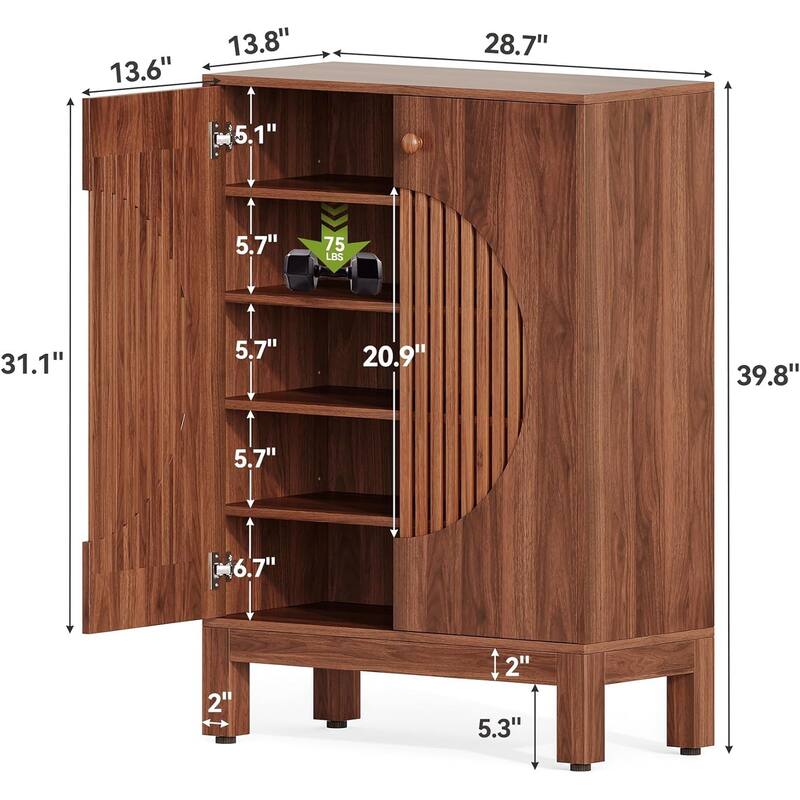 Brown Rustic 5-Tier Shoe Cabinet with Adjustable Shelves and Louvered Doors - 28.7 x 13.8 x 39.8 in