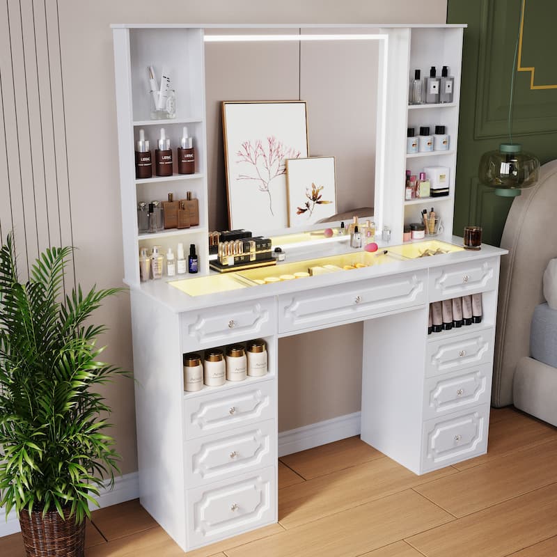 White/ Black Makeup Vanity with Lighted Mirror,Extra Large Vanity Desk with 9 Drawers,European Style Vanities - White-Glass Top