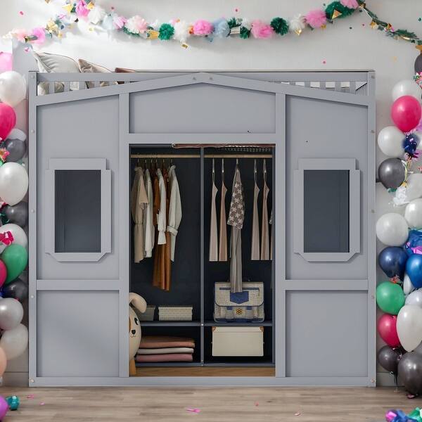 slide 2 of 13, Kids and Baby Full Size House Loft Bed With Ladder and Wardrobe Grey