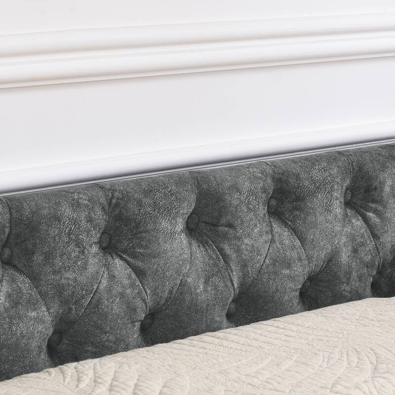 Roomfitters Twin/Full/Queen Upholstered Daybed with Tufted Backrest, Nailhead Trim and Underbed Storage Trundle, Grey