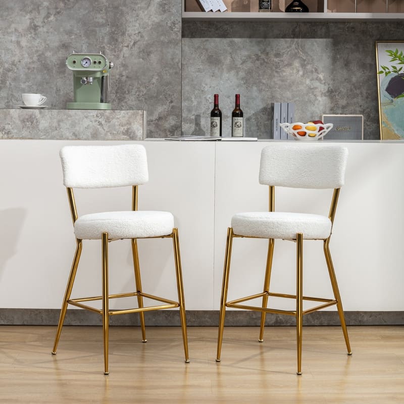 Mixoy 24"Counter Height Modern Teddy Fleece Bar Stools with Metal Legs - Set of 2 - Beige with gold legs - Counter Height