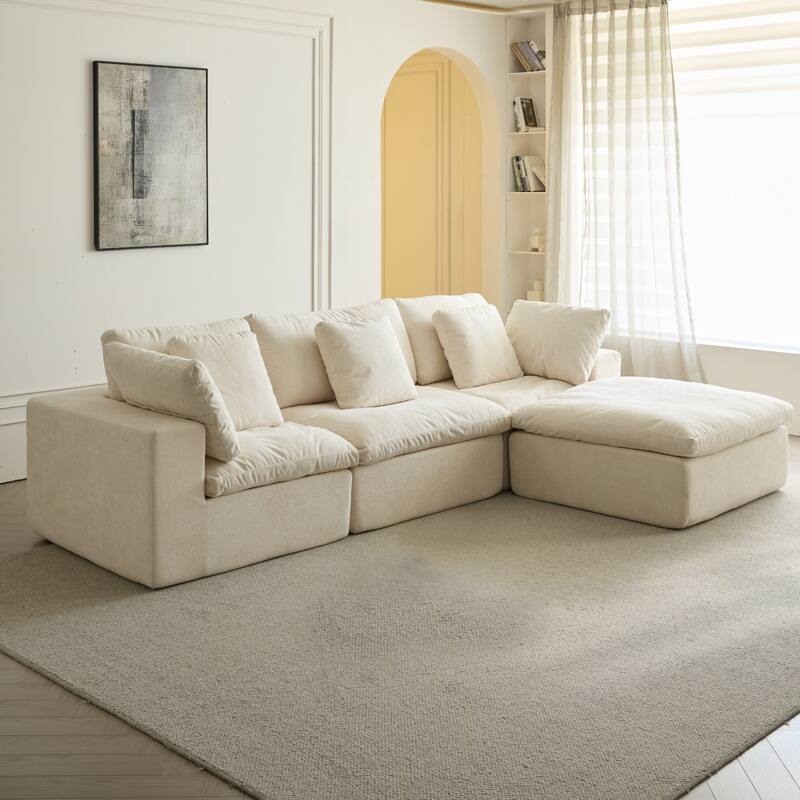 Flannel Sleeper Sofa Bed Modular Deep Seat Couch L-shaped Sectional Sofa with Ottoman Chaise Lounge and Pillows for Living Room